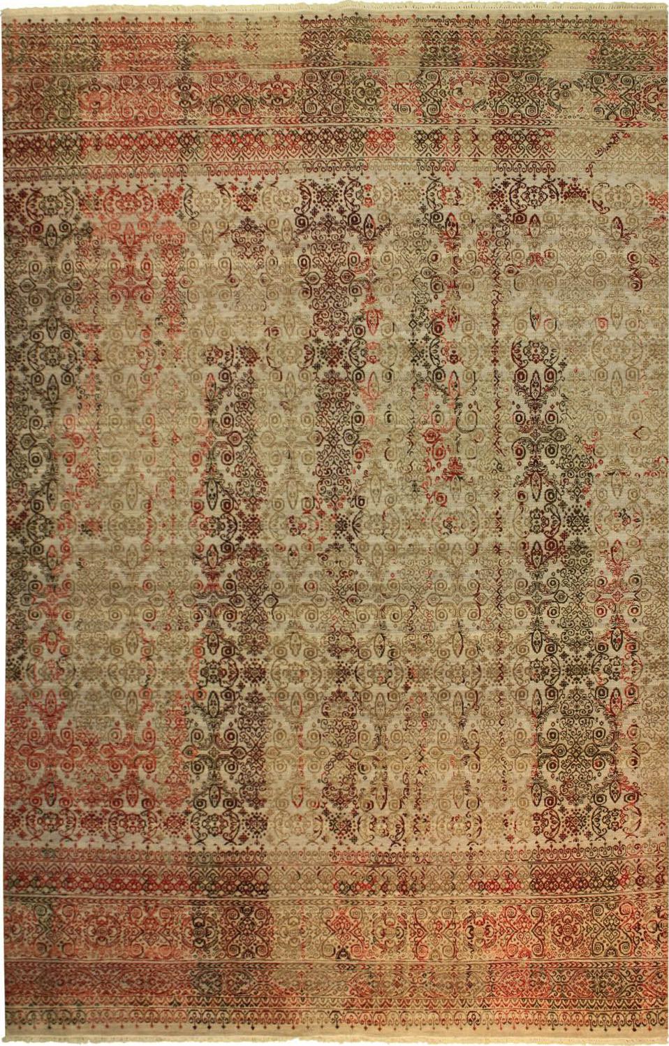 Hand Knotted Wool and Silk Beige Transitional India Rug 6'5" x 9'9"