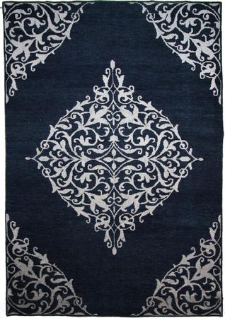 Hand Knotted Wool and Silk Navy Damask India Rug 8'11" x 12'9"